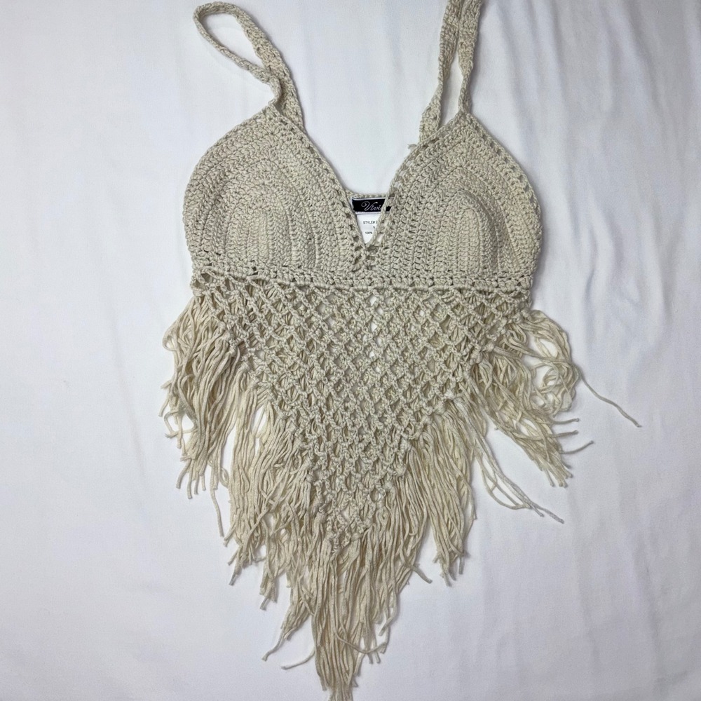 Vivid Crochet Fringe Halter Top Festival Rave Beach Summer Boho Chic - Picture 2 of 5